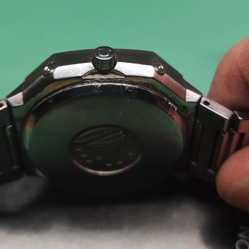 Omega constellation case back and crown view